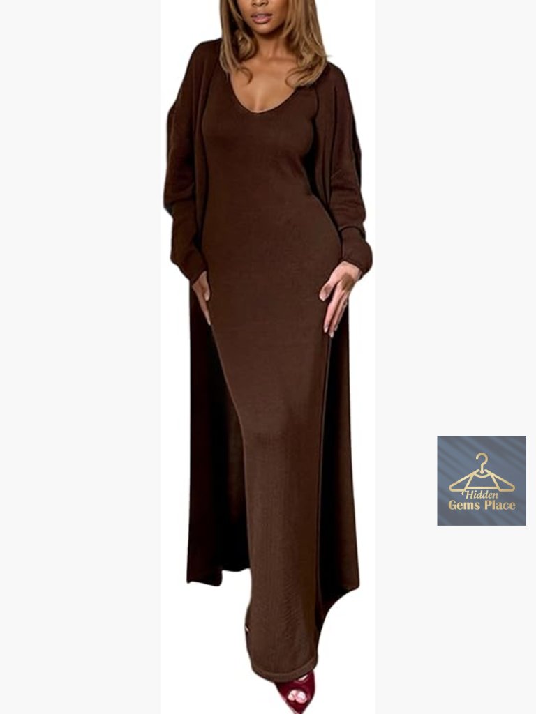 Women's 2 Piece Sweater Set Bodycon Maxi Dress Duster Cardigan Lounge Outfit